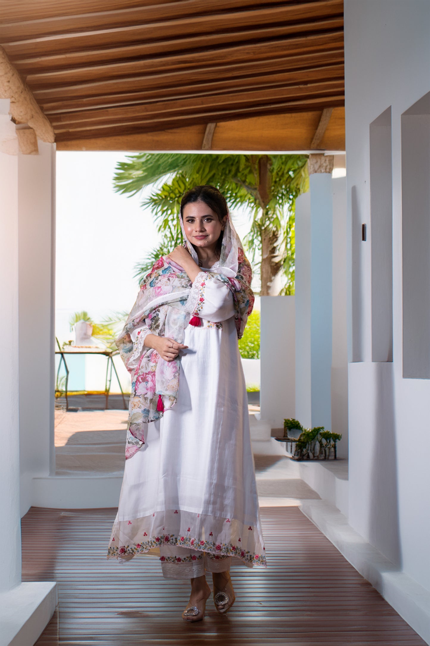 White Floral Lawn Suit 3 Piece - White - DW19004