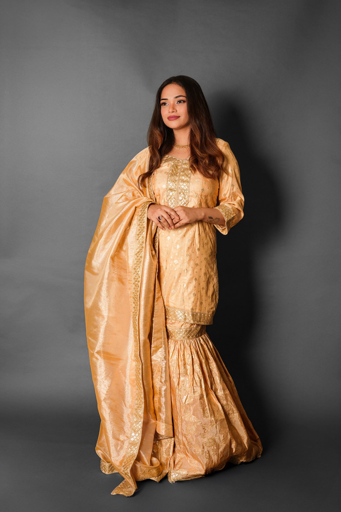 Party Wear Golden Garara Dress With Matching Batwa For Asian look 3 Piece Dress - Golden - PW19001