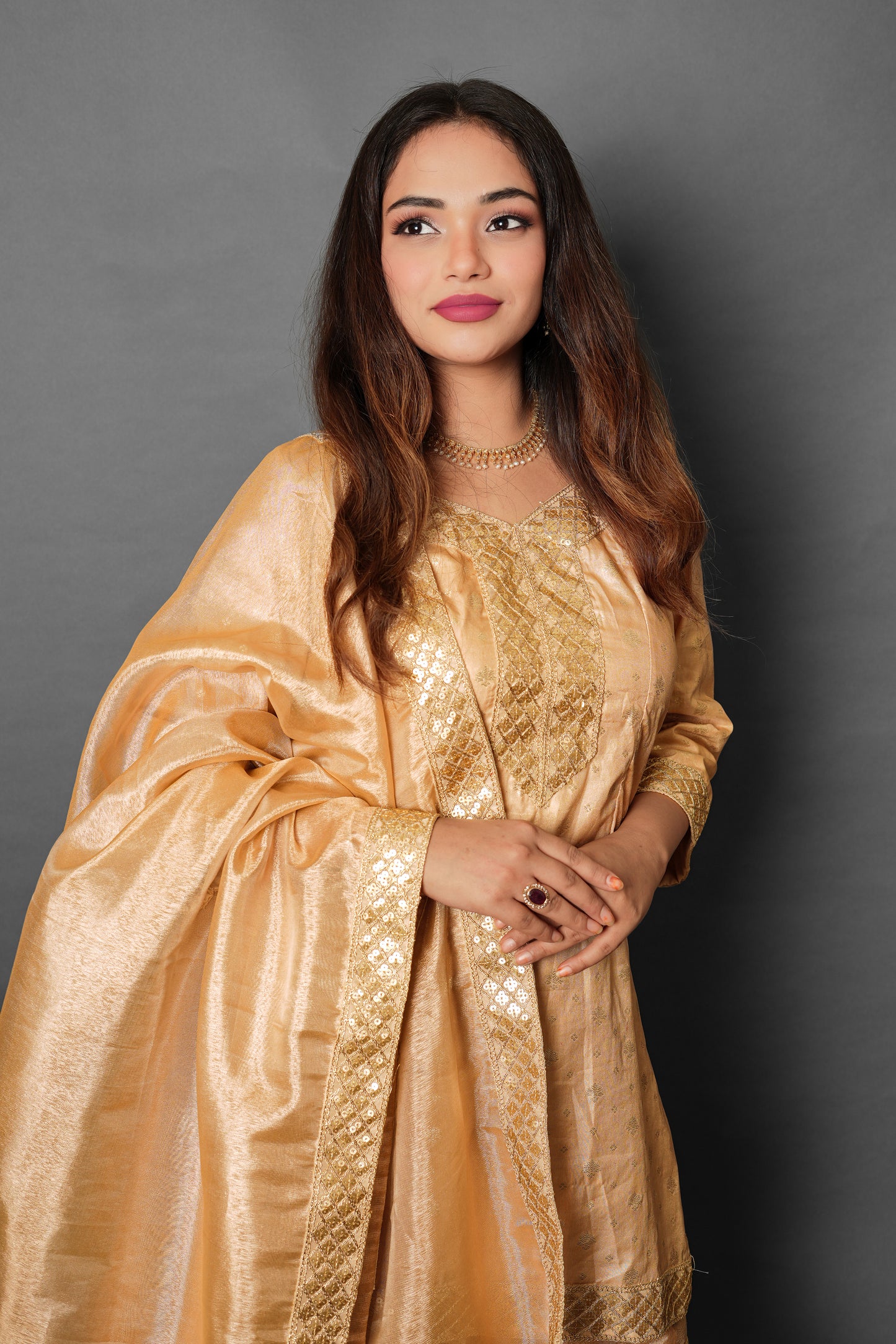 Party Wear Golden Garara Dress With Matching Batwa For Asian look 3 Piece Dress - Golden - PW19001