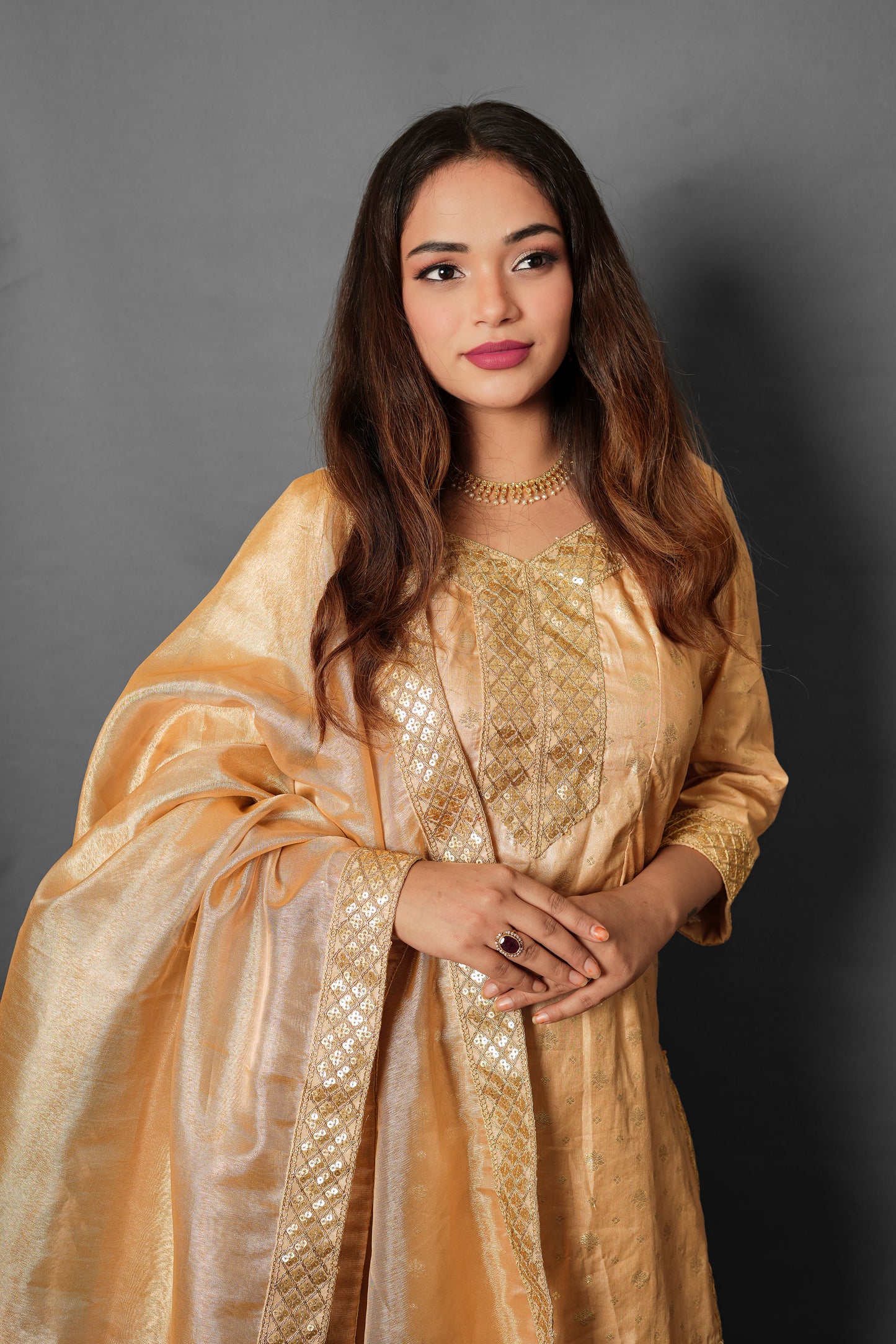 Party Wear Golden Garara Dress With Matching Batwa For Asian look 3 Piece Dress - Golden - PW19001