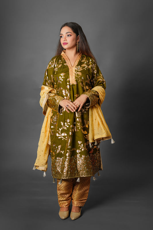 Banarasi Silk Salwar Suits For Indian Women 3 Piece Suits - Green - DW19001