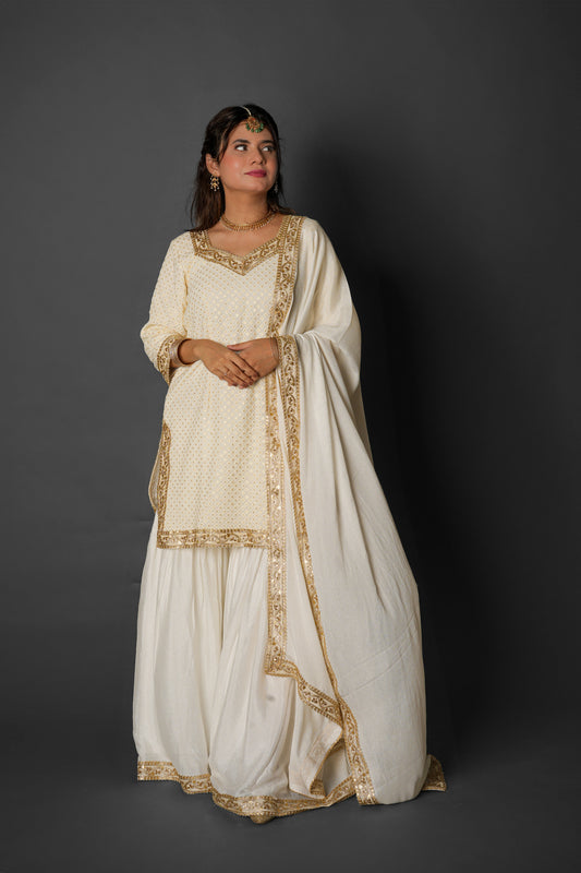 Party Wear White Garara Dress With Matching Batwa For Asian look 3 Piece Dress - White - PW19002