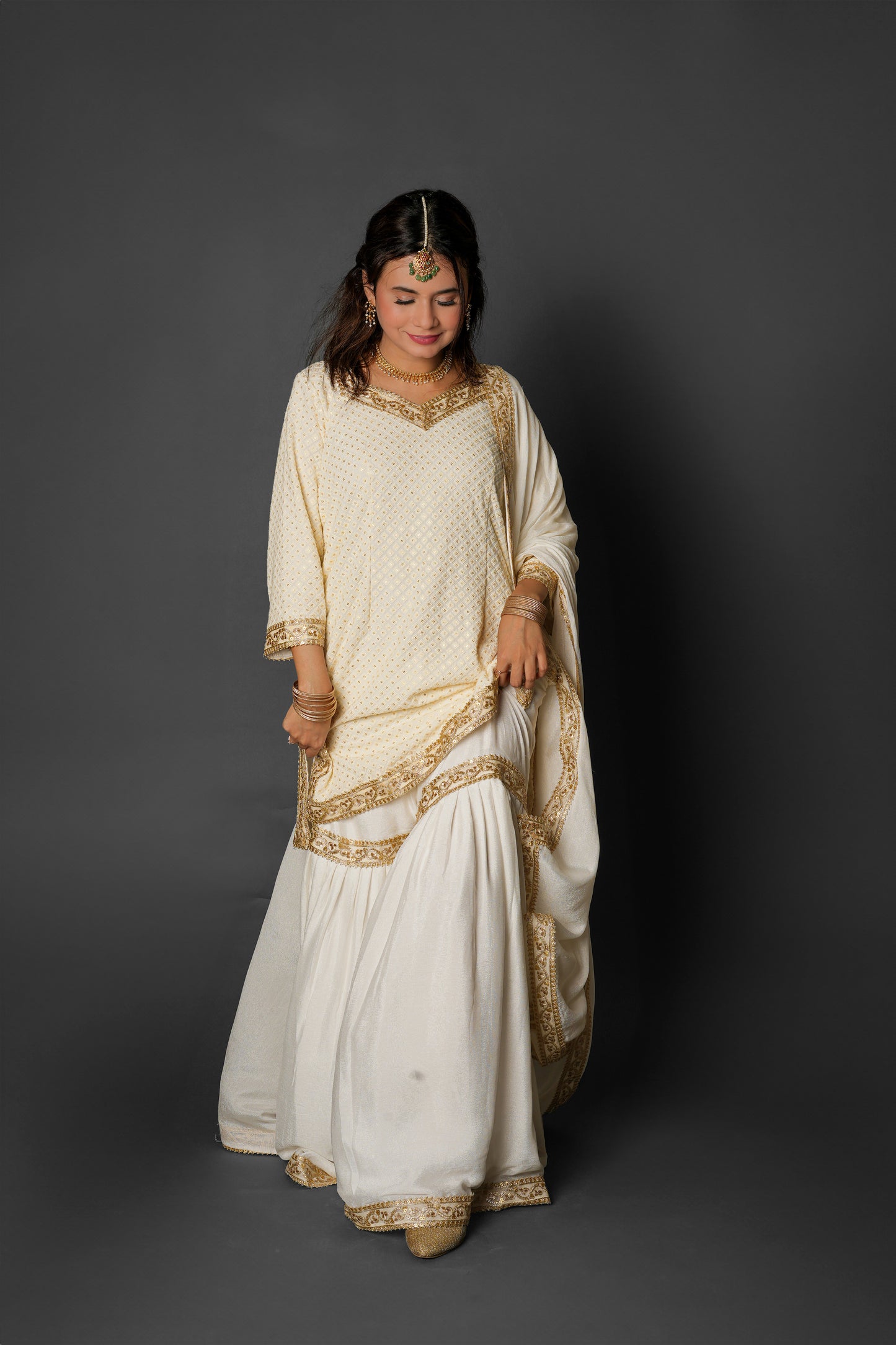 Party Wear White Garara Dress With Matching Batwa For Asian look 3 Piece Dress - White - PW19002