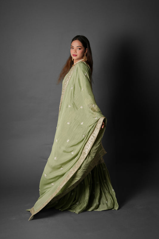 The Elegant Pista Green Garara Set with Matching Batwa for Special Occasions - 3 Piece Dress - Green - PW19004