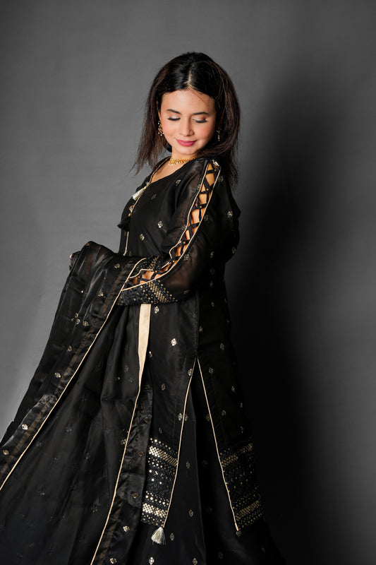 Elegance Redefined – Luxurious Black Plazo Suit with Golden Embroidery for the Modern Diva - 3 Piece Suits - Black - PW19005