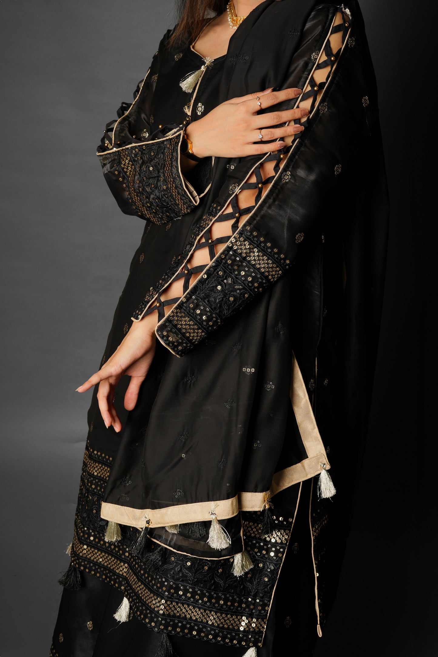 Elegance Redefined – Luxurious Black Plazo Suit with Golden Embroidery for the Modern Diva - 3 Piece Suits - Black - PW19005