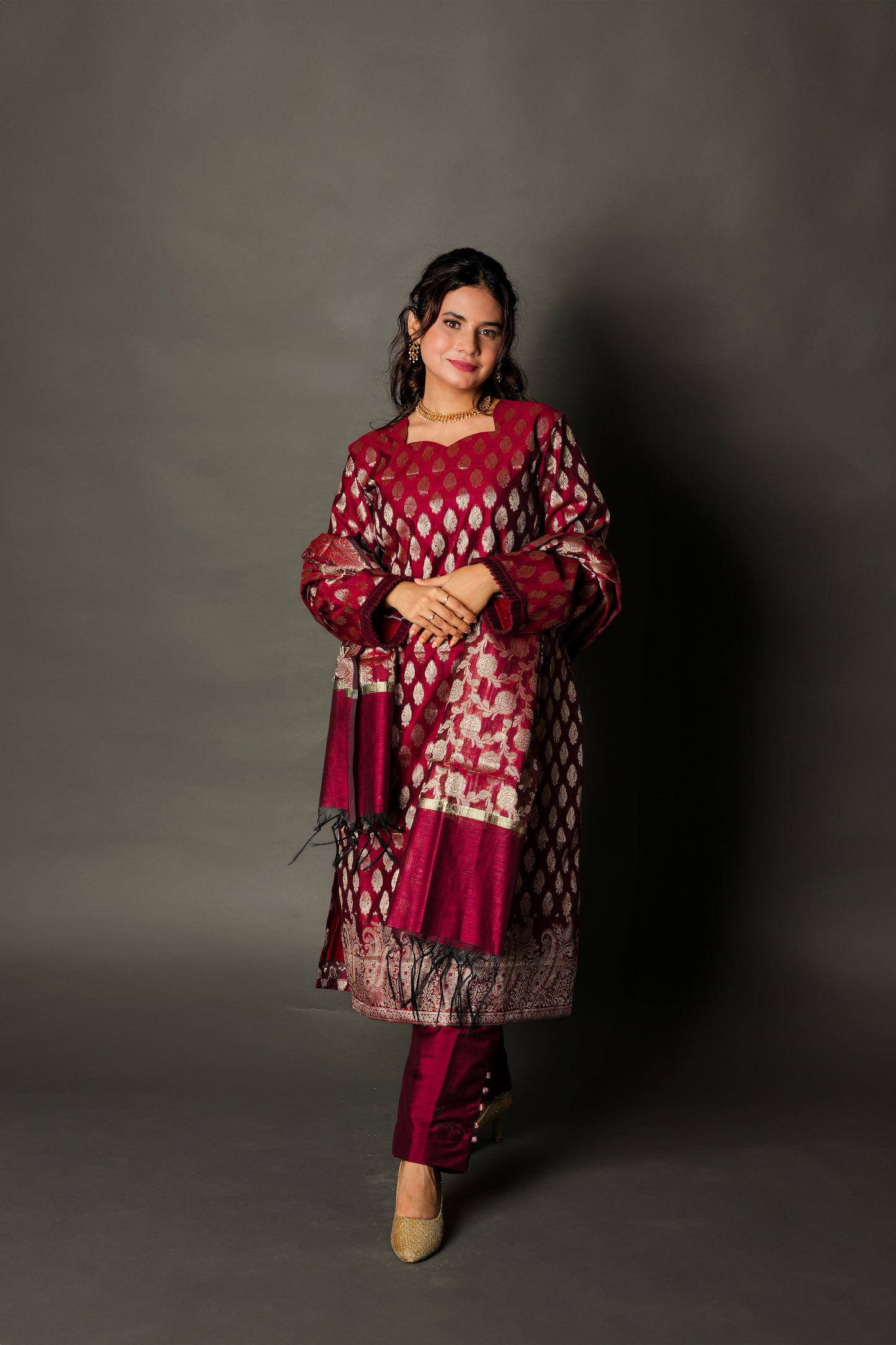 Banarasi Silk Salwar Suits For Indian Women 3 Piece Suits - Deep Red - DW19002