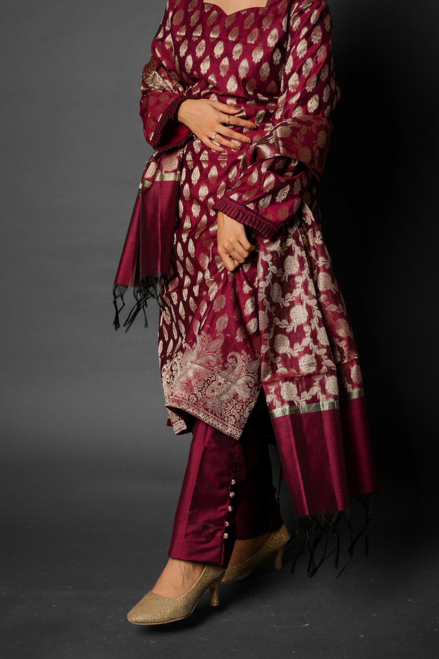 Banarasi Silk Salwar Suits For Indian Women 3 Piece Suits - Deep Red - DW19002