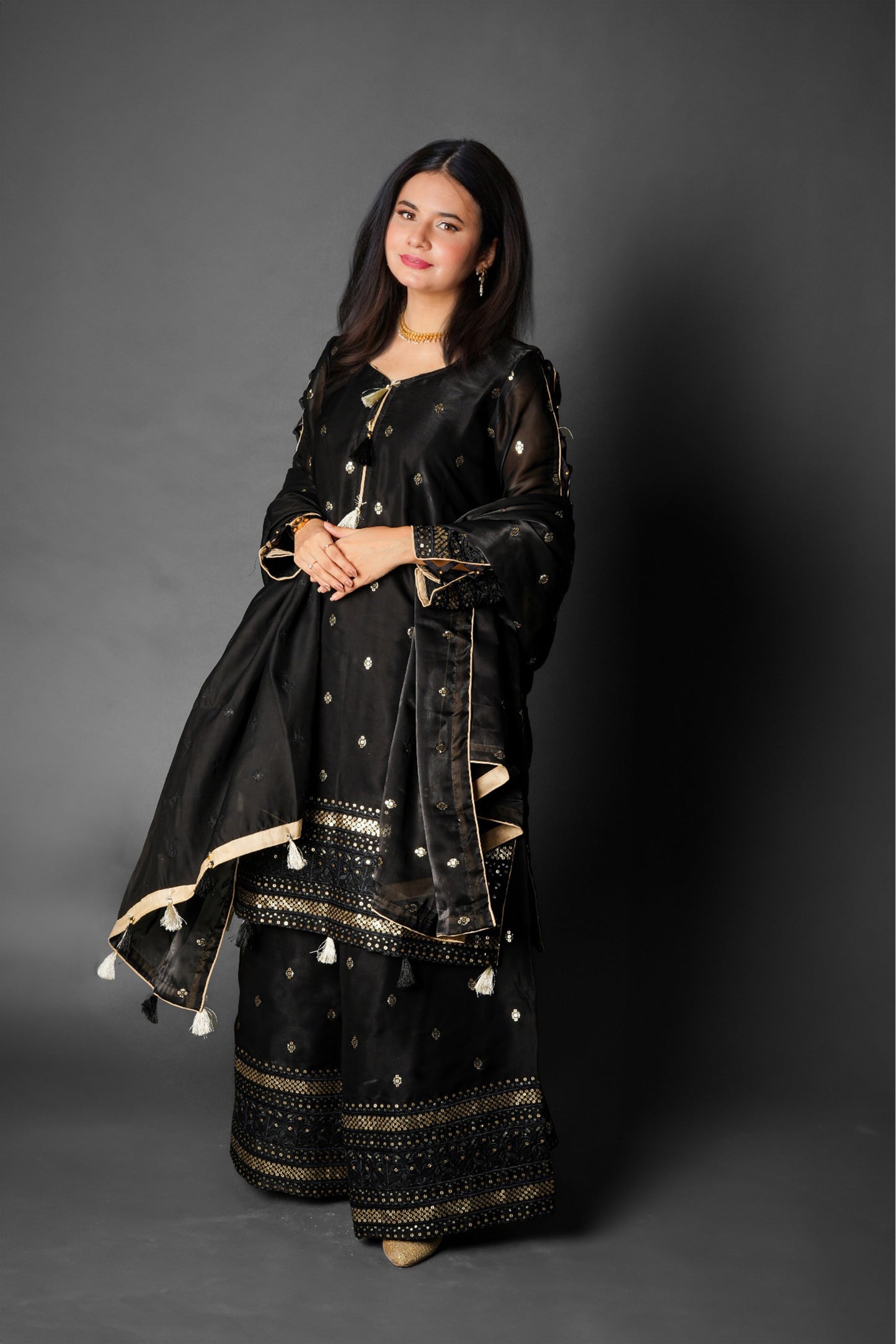 Elegance Redefined – Luxurious Black Plazo Suit with Golden Embroidery for the Modern Diva - 3 Piece Suits - Black - PW19005